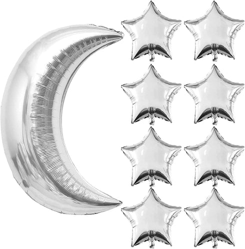 Silver Moon Star Shape Balloons Big Size Jumbo Mylar Foil Helium Balloons Celebrations for Baby Shower Bar Theme Valentines Engagement Wedding Decors Anniversary Birthday Decorations Party Supplies
