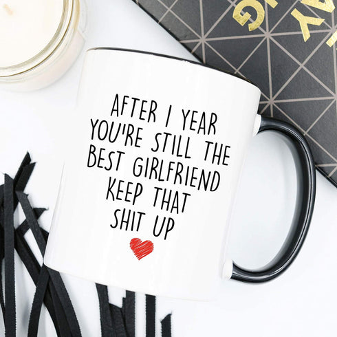 YouNique Designs 1 Year Anniversary Coffee Mug for Girlfriend, 11 ounces, White, 1st Gift for Her