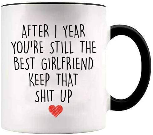 YouNique Designs 1 Year Anniversary Coffee Mug for Girlfriend, 11 ounces, White, 1st Gift for Her