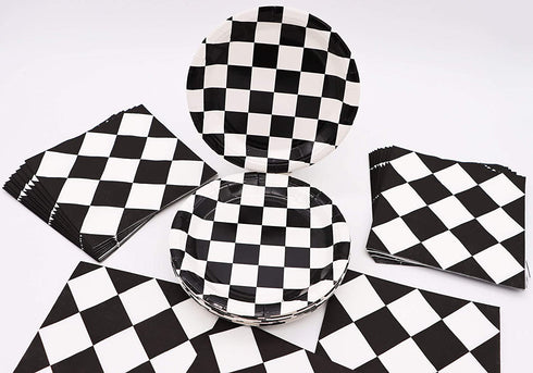 Black and White Checkered Racecar Themed Birthday Party Cake Plates Napkins and Tablecloth Children's Birthday Party Decorations for Boys Girls (Serves 20)