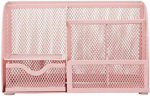 Annova Mesh Desk Organizer Office with 7 Compartments + Drawer/Desk Tidy Candy/Pen Holder/Multifunctional Organizer - Light Pink