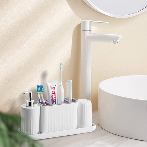 VITVITI Toothbrush Holder, Plastic Bathroom Organizer Countertop, Bathroom Counter Asseccories Storage Set with Tumbler, Soap Dispenser, Drainage Tray, for Bathroom/Toothpaste/Kids - White