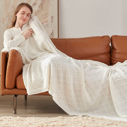 Inhand Knitted Throw Blankets for Couch and Bed, Soft Cozy Knit Blanket with Tassel, Off White Lightweight Decorative Blankets and Throws, Farmhouse Warm Woven Blanket for Men and Women, 50"x60"