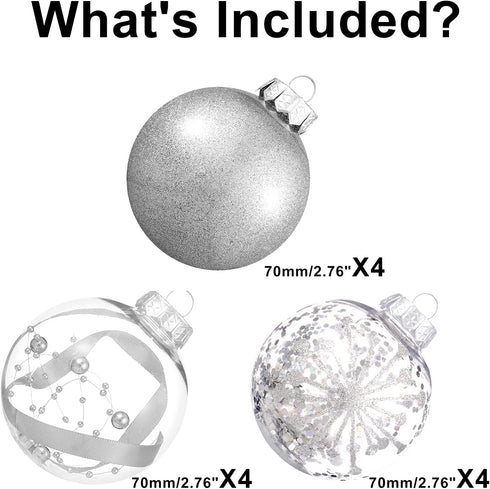 XmasExp Christmas Ball Ornaments Set-70mm/2.76" Silver Large Shatterproof Clear Glitter Pastic Christmas Ball Ornaments Xmas Tree Decoration Delicate Hanging Ornament for Xmas Party (12 Counts,Silver)
