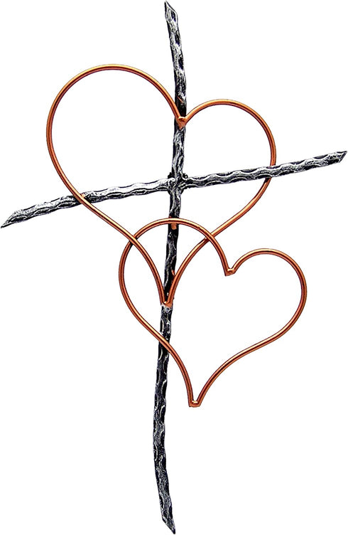 Silver Toned Metal Wall Cross with Two Interwoven Bronze Toned Hearts, 19 1/2 Inches