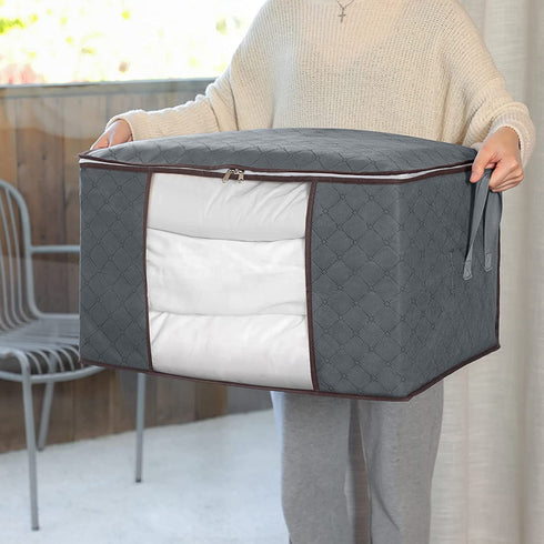 DOKEHOM 3-Pieces 90L Large Clothes Storage Bag Organizer with Reinforced Handle for Comforters, Blankets, Bedding, Collapsible Under Bed Storage (Grey)