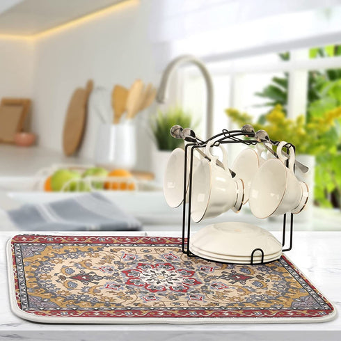 ElliTarr Brown Retro Boho Dish Drying Mat for Kitchen Counter, Microfiber Absorbent Dish Draining Mat, Large Kitchen Drying Mat Heat Resistant Drying Pad for Counter 18x24