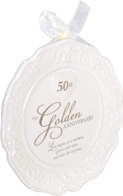 Malden International Designs Glazed Ceramic 50th Anniversary Plate With Gold Accents And Ribbon For Hanging, 9x9, White