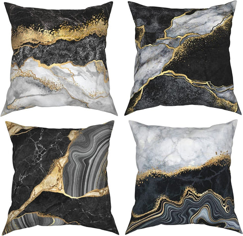Ansoela Gold and Black Grey Throw Pillow Covers Set of 4 Marble Texture Decor Pillow Cases 18x18 Square Cushion Cover Home Couch Sofa Decorative