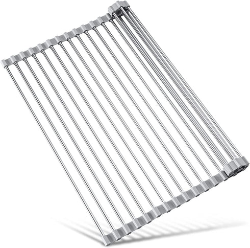 17.7" x 15.5" Large Dish Drying Rack, Attom Tech Home Roll Up Dish Racks Multipurpose Foldable Stainless Steel Over Sink Kitchen Drainer Rack for Cups Fruits Vegetables