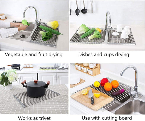 17.7" x 15.5" Large Dish Drying Rack, Attom Tech Home Roll Up Dish Racks Multipurpose Foldable Stainless Steel Over Sink Kitchen Drainer Rack for Cups Fruits Vegetables