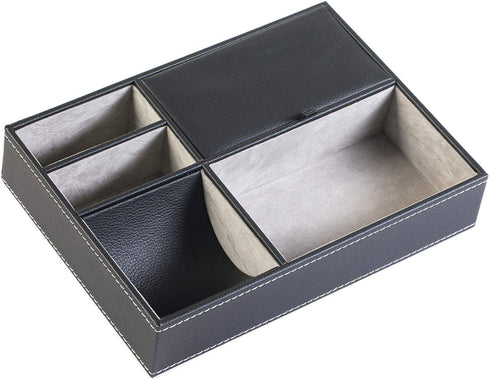 HUJI Men's Black Leatherette Valet Jewelry Tray Display Showcase Insert Liner Organizer 5 Compartments Desk Car Home Dresser Keys Phone Wallet Coins