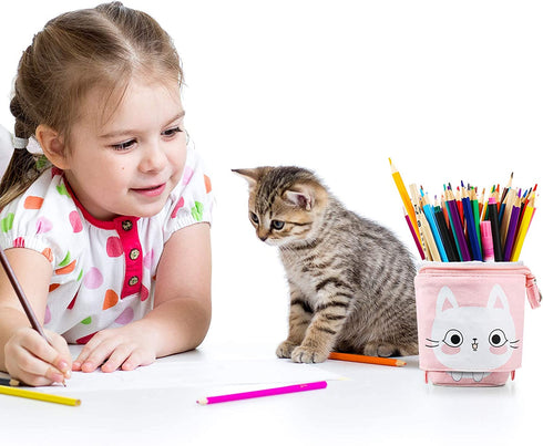 3 Pieces Telescopic Stand Up Pencil Case Box Transformer Stand Store Pencil Holder Cute Cartoon Standing Pen Pouch Dual-Use Canvas Storage Stationery Bags for Teen Girls Boys (Cat, Bear, Unicorn)