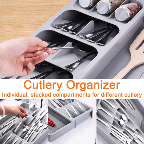 Sazoemao Kitchen Drawer Organizer Tray,Silverware Organizer Storage Tray,DrawerStore Compact Cutlery Expandable Organizer for Kitchen Drawer Holding Flatware Spoons Forks Grey