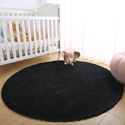 Chicrug Fluffy Round Area Rugs for Girls Bedroom, 4x4 Feet Shaggy Circle Area Rug for Living Room, Soft Fuzzy Carpets for Princess Room, Cute Rug Kids Circular Playmats for Baby Nursery Home, Black