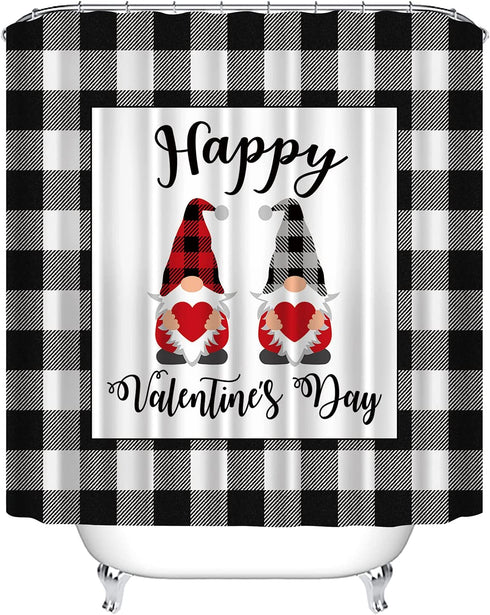 Valentines Day Gnomes Shower Curtain Buffalo Plaid on Black White Grey Farmhouse Check Background Happy Valentines Day Fabric Shower Curtains for Bathroom Waterproof, 72" x 72"