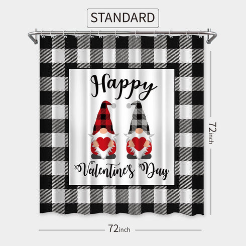 Valentines Day Gnomes Shower Curtain Buffalo Plaid on Black White Grey Farmhouse Check Background Happy Valentines Day Fabric Shower Curtains for Bathroom Waterproof, 72" x 72"