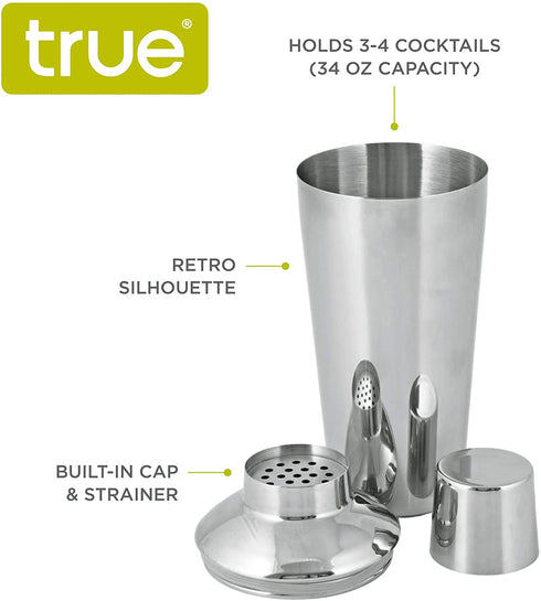 True Retro Cocktail Shaker, 34 Oz Shaker with Jigger Cap & Strainer, Stainless Steel