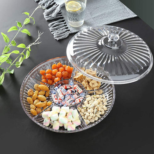 Yesland 12-3/8 Inches Snack Serving Tray Set with Lid, Acrylic Appetizers/Food Tray with 6 Sections for Parties, Holidays, Family Dinner