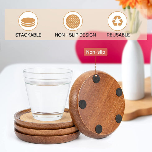 Drink Coasters,4 Cup Coasters for Drinks Absorbent Cork Coasters Set,Natural Wood Stackable Reusable Coasters for Home Office Coffee Bar Table,Rustic Housewarming Gifts for New Home Friends (4 Pack)