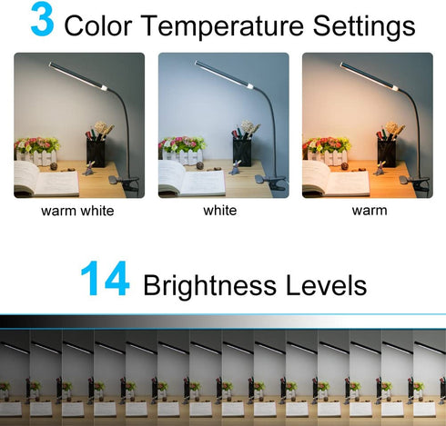LED Desk Lamp Reading Light, JUANWE Clip on Light, Dimmable Clamp Light with USB Charging Port, 3 Modes & 14 Brightness Levels 5W LED Metal Clip Light, Sliver