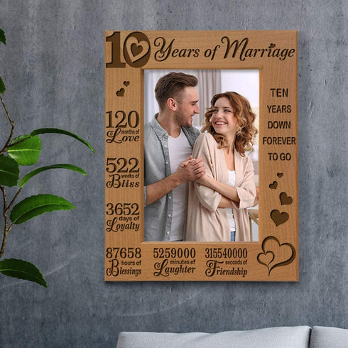 KATE POSH - Our 10th Wedding Anniversary Picture Frame, 10th, 10 Years Anniversary, 10 Years of Marriage, 120 Months of Love - Engraved Natural Wood Picture Frame (4x6-Vertical)