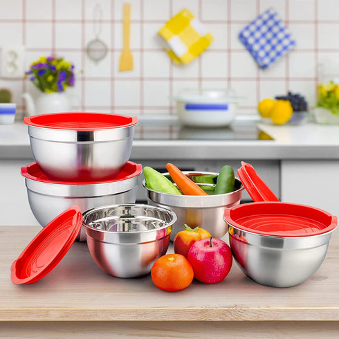 Mixing Bowls with Red Lids Set, P&P CHEF Stainless Steel Mix Nested Bowl for Salad Fruits Egg Cream Mixing, Size 4.6, 3, 1.5, 1, 0.7 QT, Refrigerator & Dishwasher Safe
