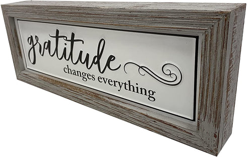 Picfarce Rustic Gratitude Wood Metal Signs, 12" x 5" Framed Enamel Wall Hanging Decor Art, Embossed Retro Farmhouse Tabletop Block Sign for Mantel Shelf - GRATITUDE CHANGES EVERYTHING