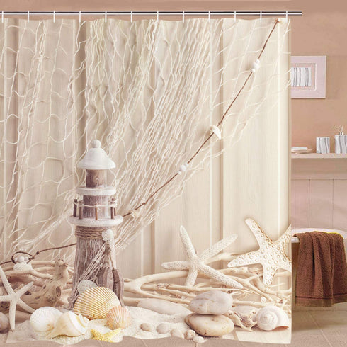 Nautical Shower Curtain Coastal Sea Shell Fishing Net Marine Ocean Beach Theme Bathroom Decor Lighthouse Starfish Bathroom Accessory with Hooks