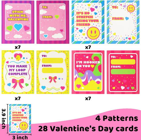 JOYIN 28 Pack Valentines Cards with Stretchy String Toy Set, Sensory Stress Relief Fidget Toys for Kids Valentine Party Favors, Valentine™s Greeting Cards