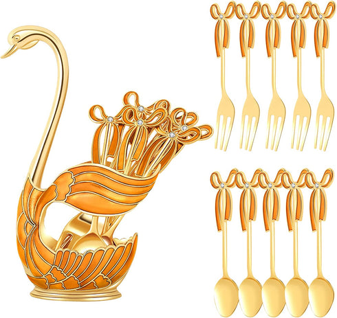 Gusnilo 11PCS Coffee Spoon Dessert Fork Dinnerware Set,Swan Base Holder with 5 Forks and 5 Spoons Metal Creative Dinnerware Set Mini Dessert Spoons Use for Dessert Shop Home Cafe(Yellow,Swan)