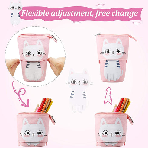 3 Pieces Telescopic Stand Up Pencil Case Box Transformer Stand Store Pencil Holder Cute Cartoon Standing Pen Pouch Dual-Use Canvas Storage Stationery Bags for Teen Girls Boys (Cat, Bear, Unicorn)