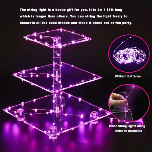YestBuy 3 Tier Square Cupcake Stand - Premium Cupcake Holder - Acrylic Cupcake Tower Display - 3 Tier Acrylic Display for Pastry + LED Light String - Ideal for Weddings, Birthday Parties( Pink Light)