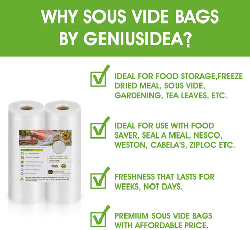 Geniusidea 8''x50' Vacuum Sealer Bags for Food Saver (2 PACK), Commercial Grade Food Saver Vacuum Sealer Bags Rolls for Meal Prep or Sous Vide, BPA Free, Microwave & Freezer Safe, Heavy-Duty, 100ft Total