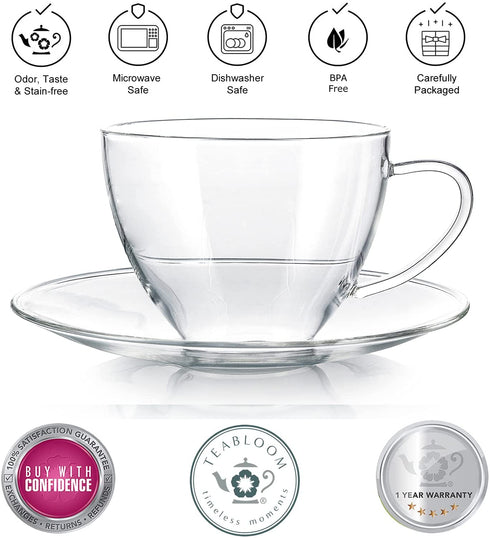Teabloom Royal Teacup and Saucer Set 2-Pack Standard Teacup Size 6 OZ/ 180 ML Capacity Crystal Clear Classic Design Premium, Healthful Borosilicate Glass Durable and Heat Resistant