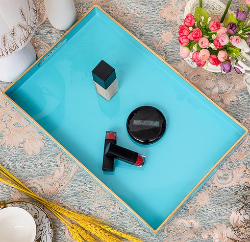 MAONAME Blue Serving Tray with Handles, Modern Decorative Tray for Coffee Table, Plastic Rectangular Tray for Ottoman, Bathroom, Decor, 15.75? x 10.2? x1.57