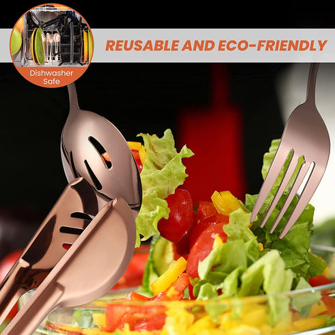 Stainless Steel Serving Utensils Large Serving Spoon Set of 9.45 Inch Metal Tongs 9 Inch Serving Forks 8.7 Inch Slotted Spoons 8.7 Inch Serving Spoons for Kitchen Party Supply (Rose Gold,8 Pieces)