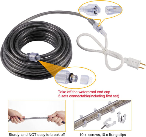 36Ft Rice Rope Lights, Outdoor Christmas Lights Plug-in, Connectable and Cuttable Commercial Grade Warm Rope Lights with Screws and Clamps, for Balcony Roof Porch Indoor Outdoor Christmas Decoration