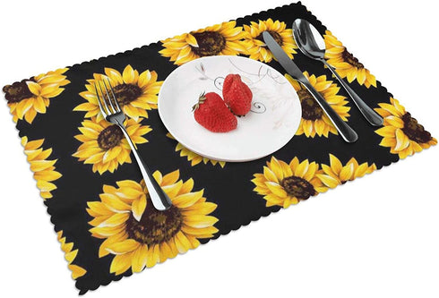 Gocerktr Black Sunflower Placemats for Dining Table Set of 4 Washable Fabric, Heat Resistant Wipeable Home Table Mats Wrinkle Resistant, Standard Size(12 X 18 Inch)