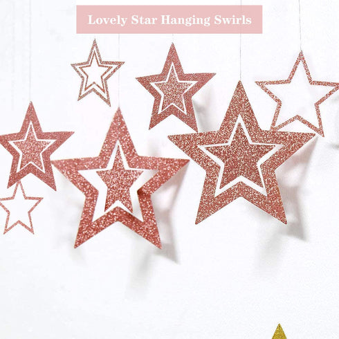 Rose Gold Birthday Party Decorations, Happy Birthday Banner, Rose Gold Fringe Curtain, Heart Star Foil Confetti Balloons, Hanging Swirls for Women Girls Birthday Princess Party