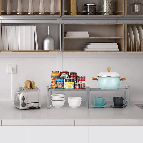 NEX Kitchen Shelf Organizer for Cabinet Counter Cupboard Pantry, Stackable & Expandable - Set of 2 - Silver