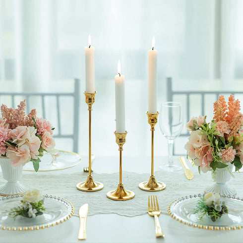 Romadedi Candlestick Holder Gold Candle Holder Brass Set of 3 Decorative Candle Holder for Taper Candle for Fireplace Mantel Dinning Table Home Wedding Decorations Gold 1 Set