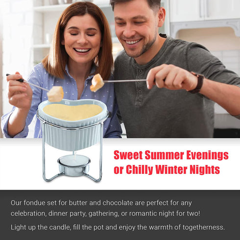 Yumchikel 2 Pieces Fondue Set, 4 oz Heart Shaped Ceramic Melting Pot with Serving Fork, Steel Stand, and Tea Light Candle, Fondue Pot Set for Melting Butter, Chocolate, Cheese and Serving Seafood