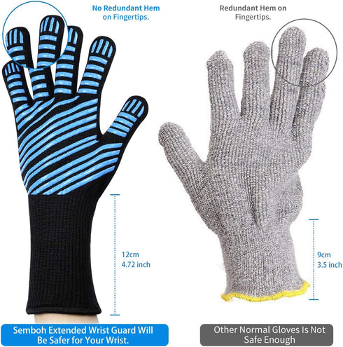932„‰ Extreme Heat Resistant BBQ Gloves, Food Grade Kitchen Oven Mitts - Flexible Oven Gloves, Silicone Non-slip Cooking Hot Glove for Grilling, Baking (Blue, Palm Width 3.8 in)