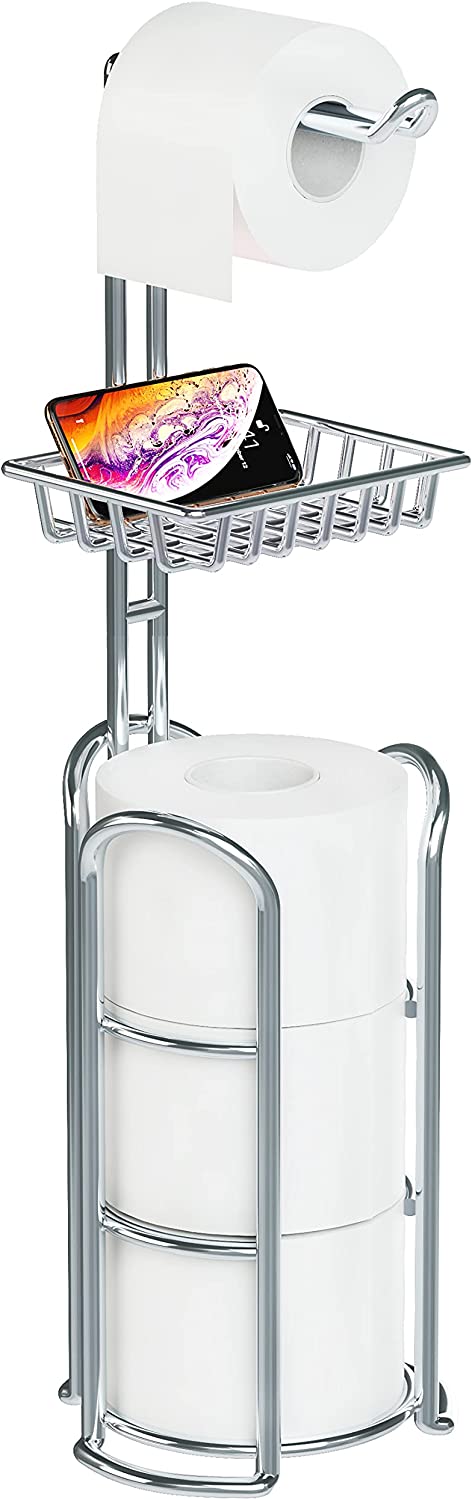 Toilet Paper Holder Stand with Reserve and Dispenser for 4 Mega Rolls, Bathroom Freestanding Toilet Tissue Paper Roll Storage with Cell Phone Shelf, Chrome
