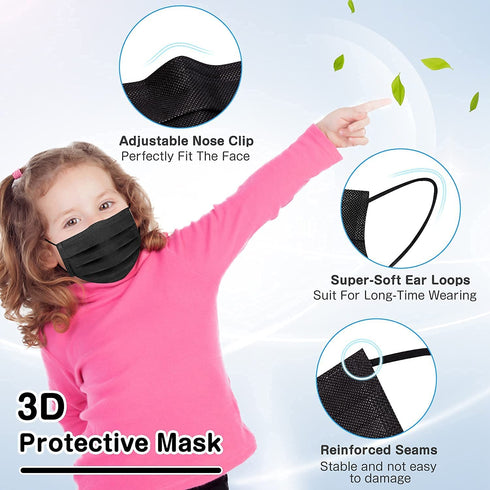 XDX Kids Mask Individually Wrapped, Kids Black Disposable Face Mask for Boys and Girls, 3 Ply - 5.7" x 3.7" Children's Size for Childcare, School, Daily Use (50 PCS)