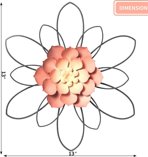 Decointo Pink Metal Flowers Wall Decor 13"Rustic Modern Floral Sculpture,Metal wall Decoration for Bathroom,Bedroom, Living Room, Kitchen, Indoor Metal Wall Art