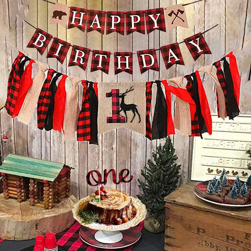 PRATYUS Lumberjack First Birthday Party Decoration, Buffalo Plaid Camping Wild Bear 1st Party Supplies With Birthday Banner and Garland,Baby Crown Hat and Cake Topper for Baby Girl Boy Photo Booth Props