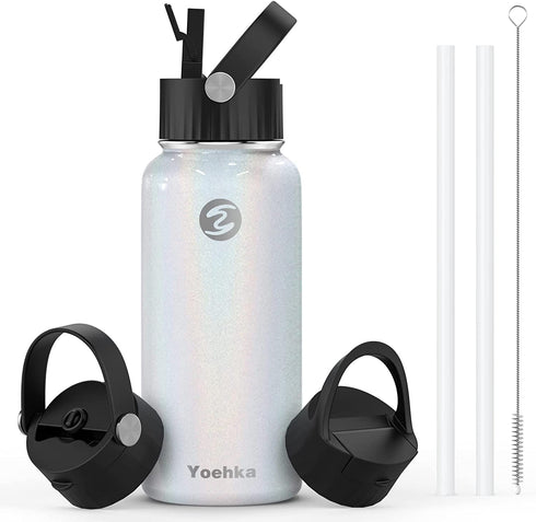 32 OZ Insulated Water Bottle with Straw & 3 Lids, Yoehka Vacuum Stainless Steel Thermos Mug, Double Wall Sweat-proof Sports Water Bottle to Keep Water Hot/Cold, with Cleaning Brush (Rainbow White)