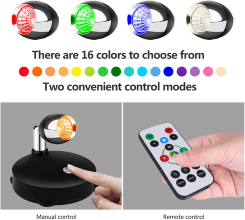 LEASTYLE Wireless Spotlight Battery Operated Spot Light Up Lights Indoor Mini Accent Lights Dimmable Art Lights LED Spotlights with Remote Stick on Anywhere Rotatable Wall Light ( RGB 2 Pack )